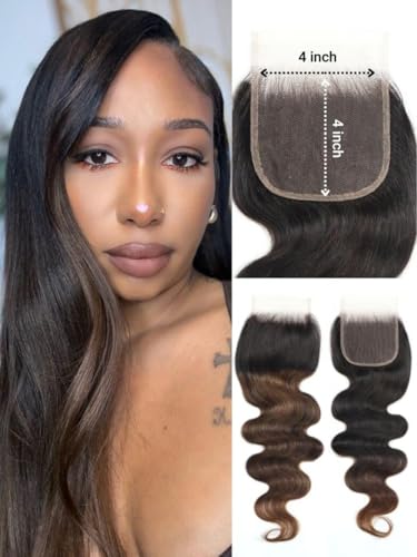 Image of UNICE 12A Body Wave Human Hair Bundles with 4x4 Lace Closure 18 20 22+18 inch 100% Brazilian Virgin Hair Weave Extensions Tangling-Free Shedding-Free Ombre Chestnut Brown Color