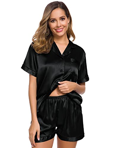 Image of SWOMOG Womens Silk Satin Pajamas Set Short Sleeve Sleepwear Button Down Top and Shorts Loungewear 2 Piece Pjs Set XS-3XL