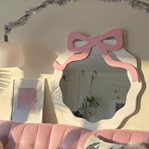 BrightRow Pink Bow Wall Mirror 14.6 x 15.8 Decorative Makeup Mirror Coquette Room Decor for Bedroom Living Room Dresser Dorm Office Cabinet
