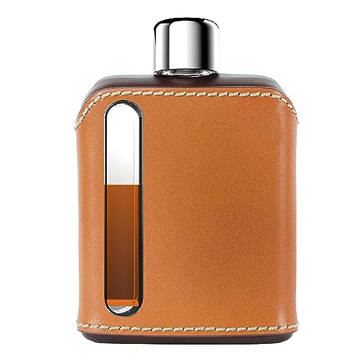 Ragproper Modern Glass Hip Flask - Durable Leather Covered Flask for Whiskey, Spirits, & Other Liquor - Ideal Glass Flask for Men & Women (Single Shot 100ml, Leather Dark & Tan)
