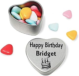Happy Birthday Bridget Mini Silver Heart Shaped Tin Gift filled with chocolates Great Birthday present for Bridget Show somebody you are thinking of them