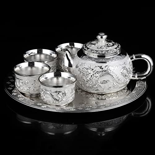 WANZPITS Silver Tea Set of 6,Handmade Vintage Chinese Dragon and Phoenix Tea/Wine Set Includes Teapot Teacups and Tray Idea Afternoon Party Tea Set for Adults,Silver