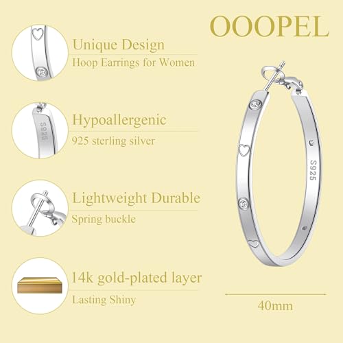 OOOPEL Sterling Silver Hoop Earrings for Women Gold Silver Large Hoops with Zirconia and Heart Engraving Hypoallergenic 4mm Wide Big Hoop Earrings for Women (30/40/50/60mm)3