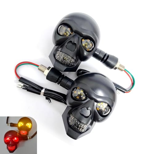 Foelony 2 PCS Motorcycle Skull Turn Signal Light, 10 mm Screw LED Turn Signal Lamp with Red DRL & Amber Direction Warning, Universal for Scooter Dirt Bike (Red & Amber)