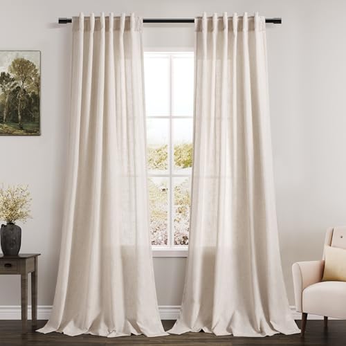 Image of Beige Linen Curtains 84 Inch Length 2 Panels Back Tab Rod Pocket Semi Sheer Bedroom Curtains Light Filtering Country Closet Curtain Drapes Netural Farmhouse Window Panels for Living Dining Room 42x84
