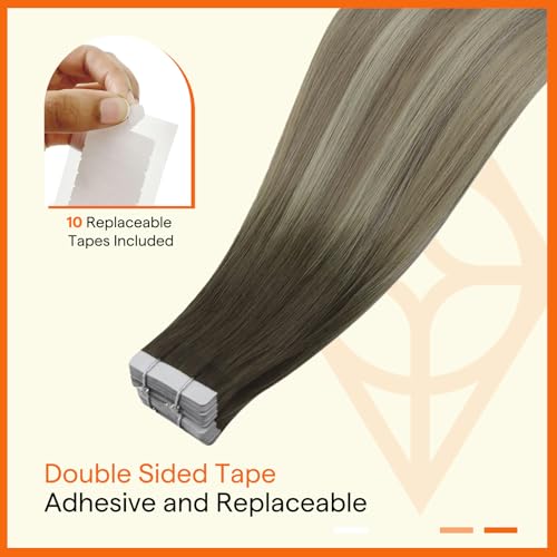 Image of Full Shine Insert Virgin Tape in Hair Extensions Human Hair Color 4 /7 /80 Smoky Mushroom Brown Balayage Tape in Extensions 24 Inch Silky Straight Hair Extensions 10Pcs 25 Grams Light for Outing