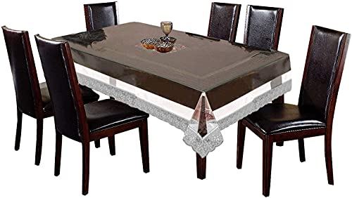Primato™ PVC Clear Transparent Table Cover & Tablecloth Protector with Silver Lace Border, for 8-10 Seater Dining Table (Size: 60 x 108 Inches – Rectangle)