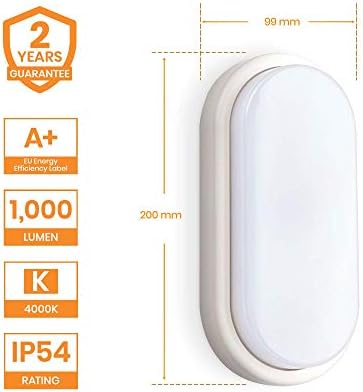 PILLO Outdoor Bulkhead Light  Vandal-Resistant IK10 Oval LED Lights Mains Powered  IP54 Waterproof LED Lighting 200mm  Ideal for Porches, Gardens, Pathways, Sheds, Workshops, Patios, Garages