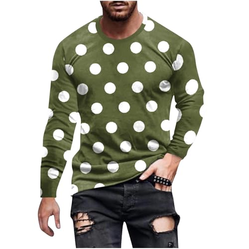 Mens Crew Neck Long Sleeve Tee Shirts Polka Dots T-Shirt Fashion Solid Color Basic Pullover Fall Casual Vintage Tops Green