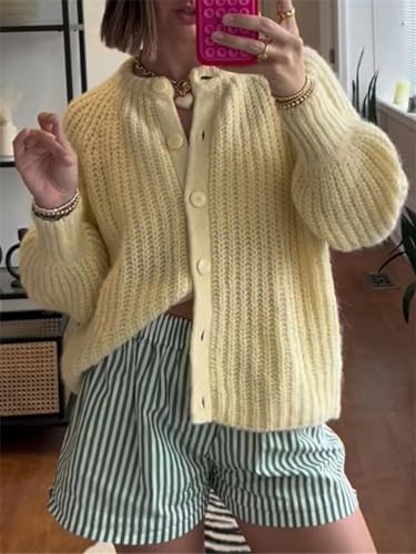 Image of Women's Casual Puff Long Sleeve Crew Neck Cardigan Button Down Open Front Knit Loose Sweater Outwear
