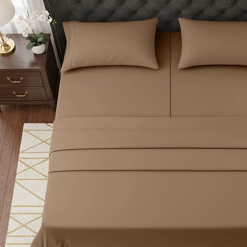 Image of Elegant Comfort Luxurious 1500 Premium Hotel Quality Microfiber Three Line Embroidered Softest 5-Piece Bed Sheet Set, Wrinkle and Fade Resistant, Split King, Taupe