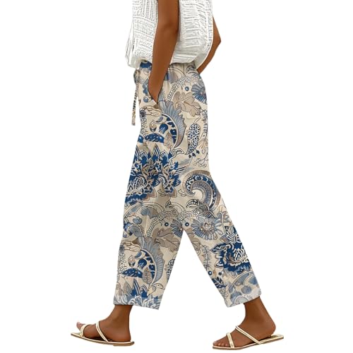 Wide Leg Pants for Women Summer Casual Floral Linen Pants Elastic Waist Drawstring Trousers with Pockets
