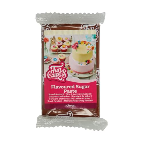 FunCakes Fondant de Sabor Choco, textura suave, fácil de extender, pasta de azúcar, color marrón chocolate, perfecto para tartas, cupcakes y galletas. Halal, Kosher y sin gluten. 250 g