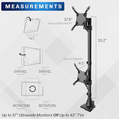 Image of VIVO Dual Vertically Stacked Ultra-Wide Monitor Desk Mount for up to 57 inch Screens, Heavy Duty Adjustable Stand for 2 Ultrawides, 59.4 lbs Capacity, Black, STAND-V257R