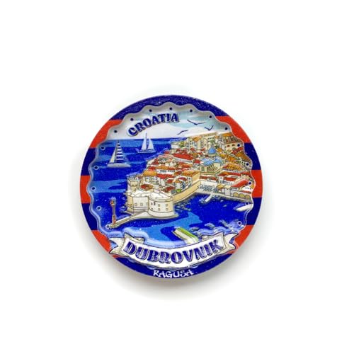 Croatia Dubrovnik Souvenir - Imán decorativo para nevera de resina, azul y rojo, diseño de escena de la ciudad de Ragusa, redondo, 6,5 x 6,5 cm