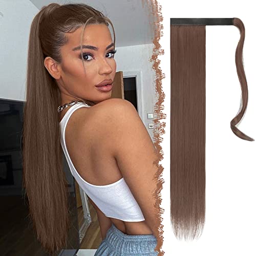 FESHFEN Posticci per capelli Extension Coda Di Cavallo Capelli Lunga Estensione Capelli Sintetici Coda Capelli Extensions per Donna 60cm, Castano Medio