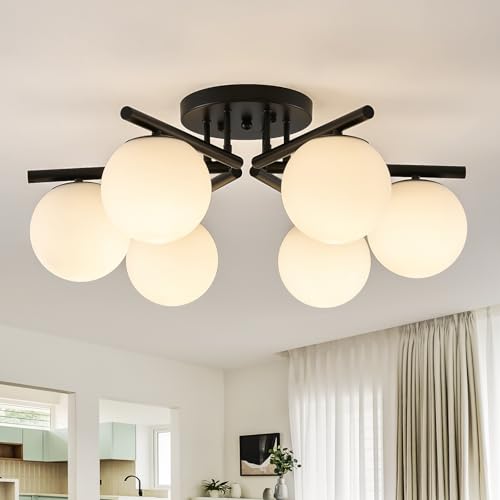 Image of 6-Light Sputnik Ceiling Light Fixture, Semi Flush Mount Ceiling Light with Milk Glass Globes, Black Mid Century Modern Chandelier for Living Room Bedroom Dining Room Hallway