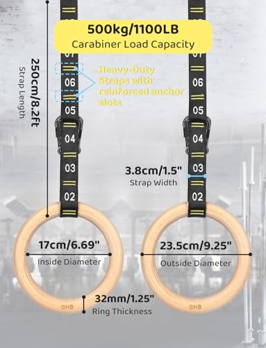 image for GHB Gymnastic Rings Wooden Gym Rings 1.25