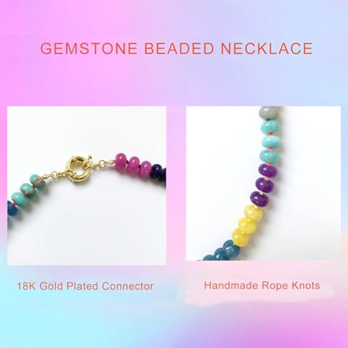 Beaded Gemstone Necklace for Women, Colorful Boho Bead Choker Natural Stone Surfer Beach Rainbow Color Bead 18K Gold Plated DIY Handmade Jewelry Charm Trendy Birthday Gifts3
