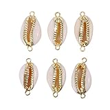 6 PCS Natural White Cowrie Sea Shells Pendant Cowrie Shell Jewelry Charms with Plated Real Gold Double Loop & Bail for Jewelry Making Connector Bracelet