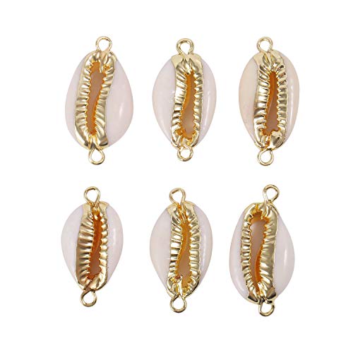 ALEXCRAFT 6 PCS Natural White Cowrie Sea Shells Pendant Cowrie Shell jewelry Charms with Plated Real Gold Double loop & Bail for Jewelry Making Connector Bracelet