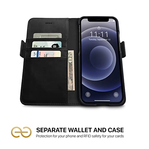 Image of dreem Fibonacci 2-in-1 Wallet Case for Apple iPhone 12 & 12 Pro - Luxury Vegan Leather, Magnetic Detachable Shockproof Phone Case, RFID Card Protection, 2-Way Flip Stand - Black