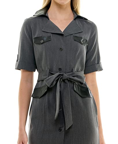 Sharagano Women's Belted Shirtdress With Short Roll Tab Sleeves, Charcoal Black, 12 #TOP4