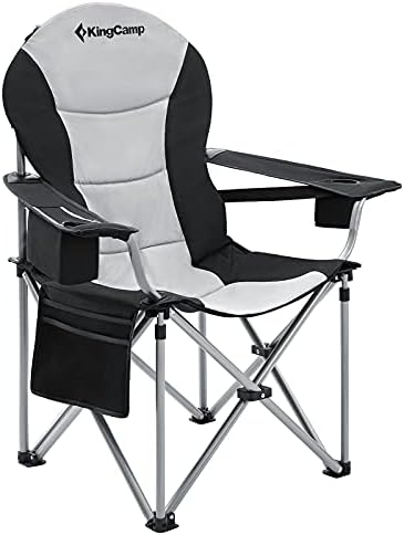 KingCamp Lumbar Back Padded Oversized Folding Camping Chair with Cooler Bag Armrest and Cup Holder, Heavy Duty Supports 350 Lbs for Fishing Sports Picnic, Black/MediumGrey