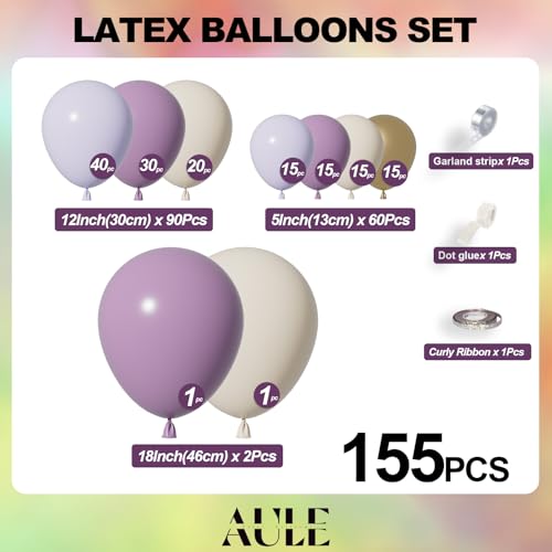 Image of AULE 155Pcs Dusty Purple Balloon Arch Kit Sand White Gold Balloons | Macaron Purple Balloons Garland for Birthday Anniversary Engagement Bridal Shower Wedding Theme Party Decoration