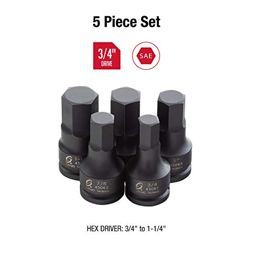 Sunex 4506, 3/4 Inch Drive Impact Hex Driver Set, 5-Pieces, Sae, 3/4" - 1-1/4", Cr-Mo Steel, Solid One Piece Construction, Dual Size Markings, Heavy Duty Storage Case #TOP1