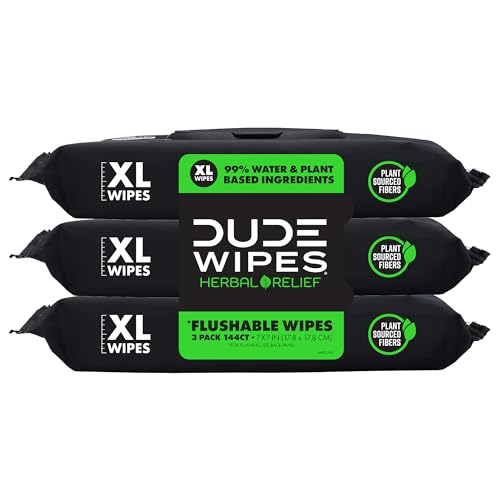 DUDE Wipes - Flushable Wipes - 3 Pack, 144 Count - Herbal Relief Extra-Large - With Hazel & Geranium Essential Oils - Septic and Sewer Safe