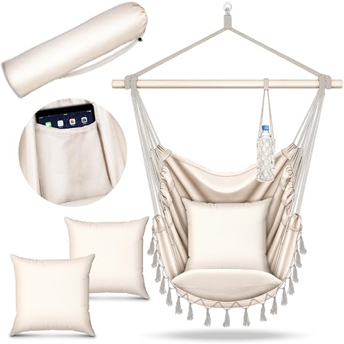 tillvex Hängesessel 2 Kissen zum Aufhängen | Hängestuhl mit Getränkehalter & Bücherfach | Hängesitz - Indoor & Outdoor | Hängekorb mit Tragetasche für Erwachsene & Kinder
