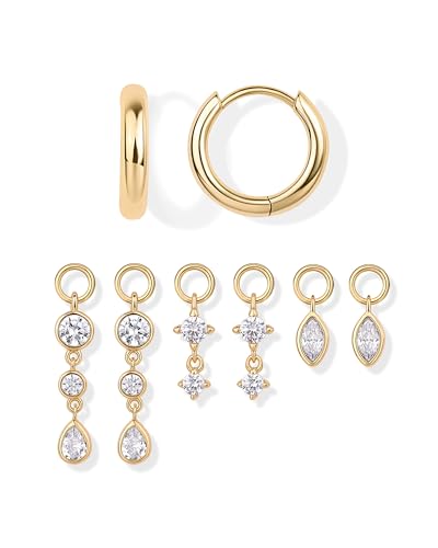 PAVOI 18K Gold Plated Huggie Earrings and Charm Set for Women | Mix and Match Earring Pack with Cubic Zirconia Pearl Opal Star Heart Evil Eye Snake Boho Charms
