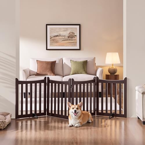 Image of Yaheetech 24in 4-Panel Wooden Freestanding Pet Gate for Indoors Espresso | Dog Fence with 2 Support Feet for Stairs /Doorways /Halls /Kitchen, Foldable for Storage,Easy Assembly,Ideal for Small Pets