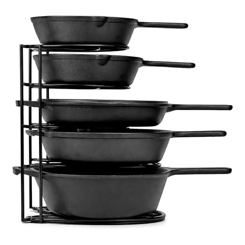 Image of Livzing 5 Tier Pan Rack Organizer for Kitchen | Heavy Duty Metal Pot & Pan Stand | Space Saving Cookware Holder for Tawa, Frying Pan, Kadai | Cabinet & Countertop Storage Rack (Black, 30.5x20x23 cm)