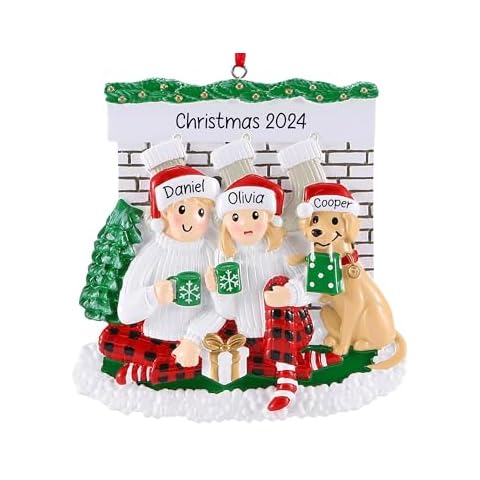 UniqXmas Personalized Couple with Dog Christmas Ornament 2024 | Customized Fireplace Family of 2 with Puppy Ornament for Xmas Tree | Our First Christmas with Dog, New Dog Keepsake – Custom Name & Year Cover