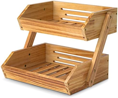 2 Tier Wooden Fruit Basket For Kitchen, Bread Vegetable Fruit Bas...