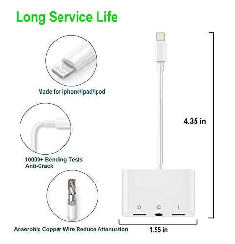 3 In 1 Headphone Adapter For Iphone, Lightning To 3.5 Mm Headphone Jack Adapter, Lightning Audio & Charging Adapter Dongle Cable Splitter Compatible With Iphone 14 13 12 11 Xs Xr X 8 7 Ipad #TOP5