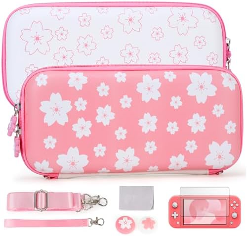 Tscope Cute Carrying Case for Nintendo Switch Lite, Pink Sakura Portable Hard Shell Girls Travel Storage Bag, with Glass Screen Protector & Thumb Grip Caps (Switch Lite Pink)