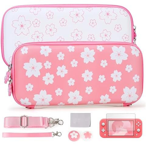 Tscope Cute Carrying Case for Nintendo Switch Lite, Pink Sakura Portable Hard Shell Girls Travel Storage Bag, with Glass Screen Protector & Thumb Grip Caps (Switch Lite Pink) Cover