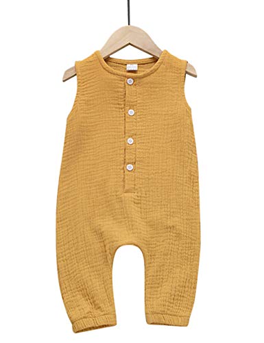 Image of Baby Girls Boys Romper Solid Jumpsuit Linen Cotton Sleeveless Ruffled Bodysuit Infant Summer Clothes Outfit Yellow