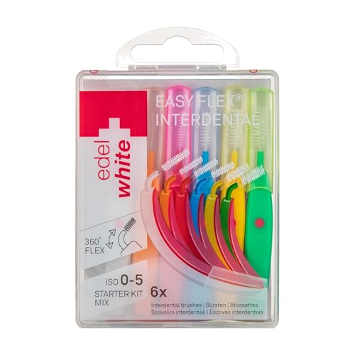 Edel+White ID7 Brossettes Interdentaires Assortiment 6 Tailles - Technologie EasyFlex Flexible, Code Couleur, Fil Antibactérien - Hygiène Interdentaire Espaces Étroits à Larges (Multicolore, 6 pièces)