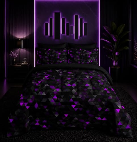 Geometric Violet Black Triangle Queen Size Comforter Set,Light Honeycomb Bedding Set 7 Piece in A Bag,Bed Sheet Set Geometry Decor,Microfiber Lightweight All Season