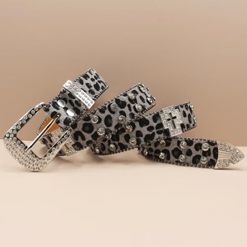 Leopard Print Cross Belt for Men – Stylish Rhinestone-Studded Waist Strap Accessory, Perfect for Jeans and Casual Wear(125cm/49, Gray)3