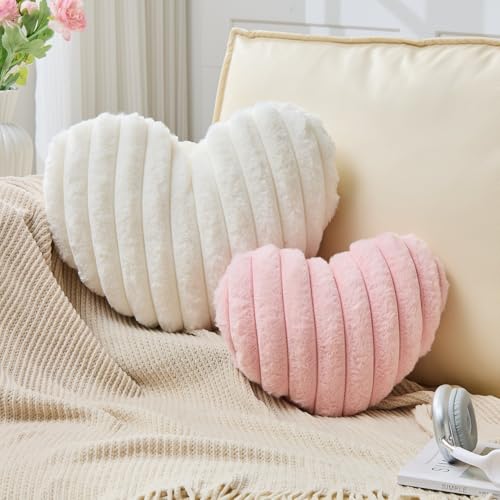 2Pcs Heart Pillow White Pink Throw Pillows Decorative Pillows.Heart Shaped Throw Pillows for Bed Couch Chair Bedroom Room.Cute Small Pillow for Valentines Day Women Valentine Wedding Home Decor
