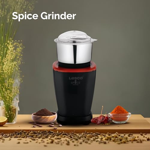 Image of Lesco Spice Grinder, Black & Red | Fine Grind in 20 Secs, 1 Stainless Steel Jar, 20000 RPM Copper Motor, Coffee & Chutney Grinder, 2 Years Warranty