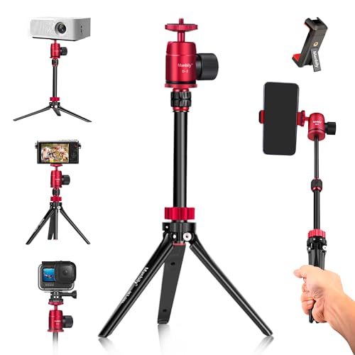 Manbily Mini Projector Tripod for Phone Camera Camcorder Gopro, Portable Vlogging Sefie Stick for Travel Tabletop CNC Aluminum Tripod Stand & 360° Ball Head 1/4 Screw Mount for Video Max 2kg (MT-08L)