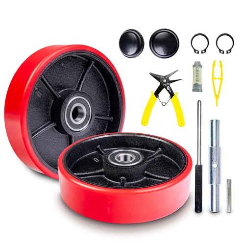 pallet jacktruck steering wheels set with axle fasteners and protective caps 4 pcs 734 x 234 with bearings id 20mm poly tread red tool kit included