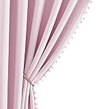 NICETOWN Pom Pom Blackout Curtains for Girls Bedroom Boho Pink Window Curtains for Nursery Rod Pocket Thermal Insulated Living Room Darkening Curtain Panels for Play Room, 52' W x 84' L, 2 Panels
