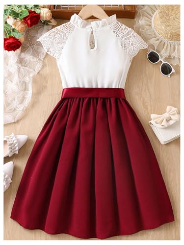 WDIRARA Girl's Contrast Lace Ruffle Mock Neck Cap Sleeve Dress High Waist A Line Belted Flared Dresses2
